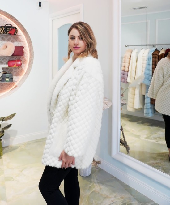 White Mink Fur Coat with Diamond Pattern
