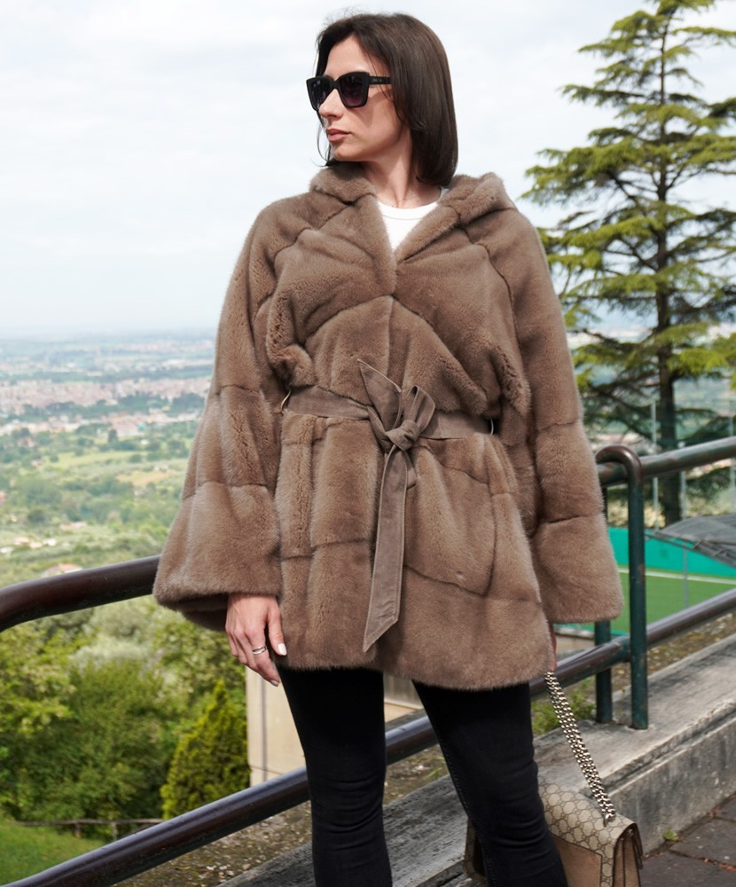 Brown Mink Fur Coat with Hood