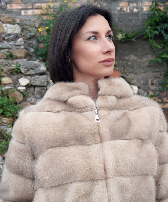 Natural mink fur coat with hood