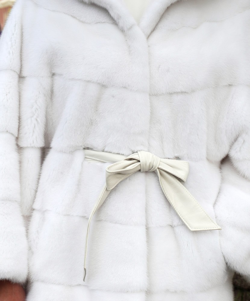 White mink fur coat with hood and belt