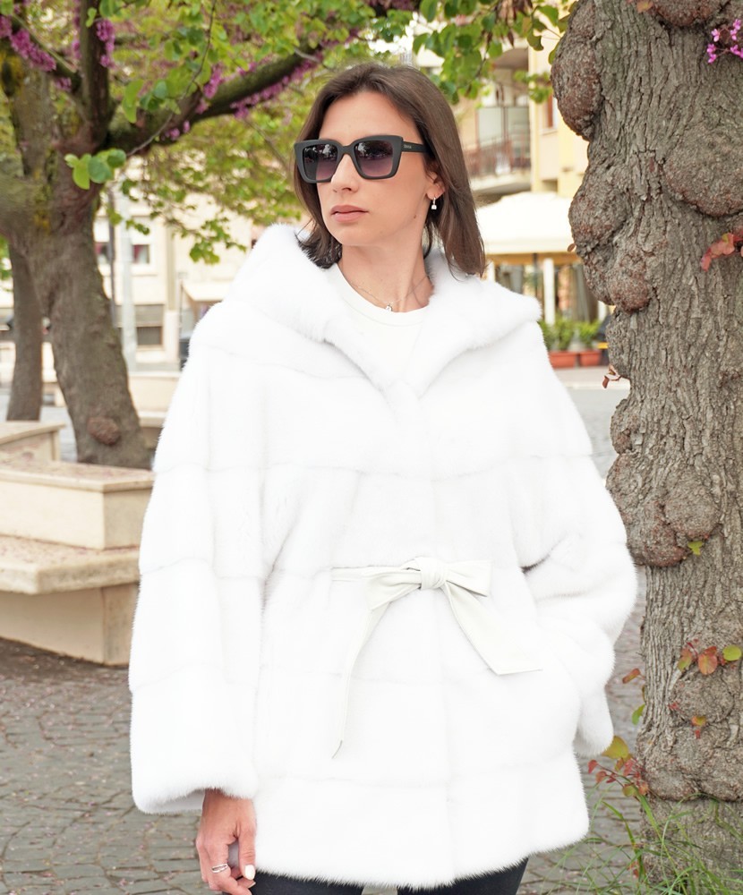 White mink fur coat with hood and belt